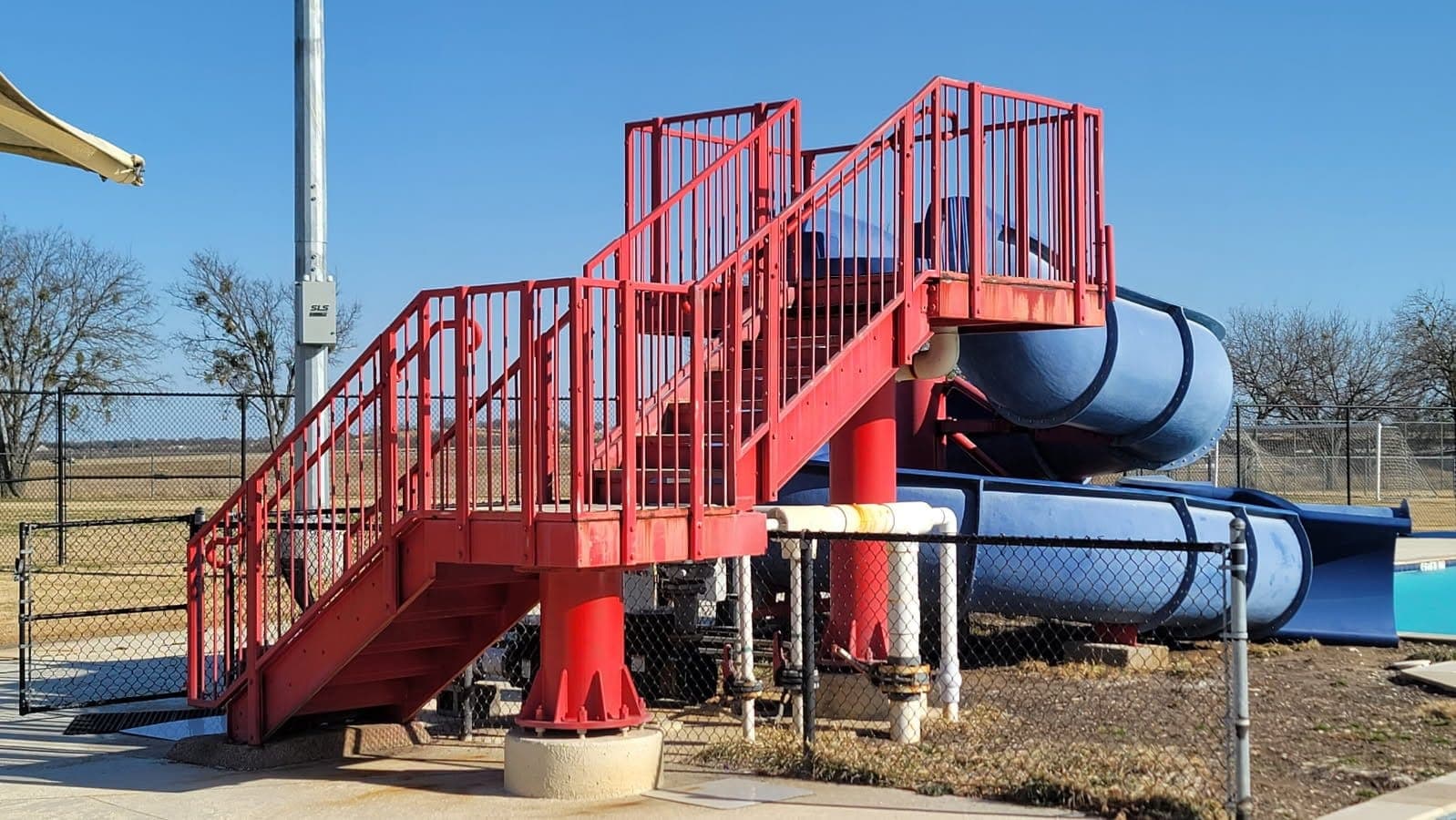 Steel stair and slide platform structure at Hurricane Harbor water park, Arlington